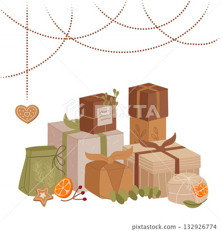 Vintage kraft gift box design in flat graphic style, with ribbon and winter present package. Holiday and xmas box for social media, perfect for seasonal decor festive concept. Vintage kraft gift box design in flat graphic style, with ribbon and winter present package. Holiday and xmas box for social media, perfect for seasonal decor festive concept. 132926774