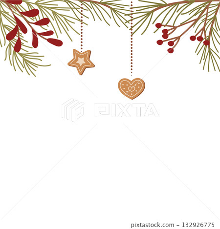 Holiday kraft ornament set with flat graphic style branch and red berry background. Pine plant decor for christmas gift or festive box, elegant design for seasonal card or creative winter concept. 132926775