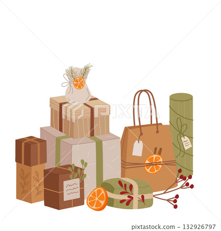 Rustic eco gift bundle flat package. Kraft box set as present, cardboard package with natural accents, graphic with brown and green colors, ideal for xmas or holiday use. 132926797