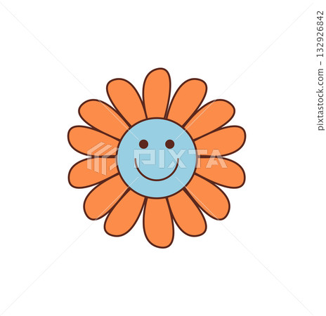 Groovy retro cartoon flower sticker in cheerful orange with happy smiley face. This cute and playful groovy element uses y2k style and fun colors, perfect as a cheerful symbol for design. Groovy retro cartoon flower sticker in cheerful orange with happy smiley face. This cute and playful groovy element uses y2k style and fun colors, perfect as a cheerful symbol for design. 132926842