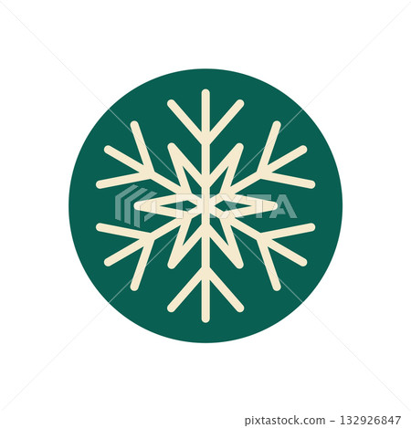 Round green snow flake sticker ornament in line style. Christmas snowflake decoration for winter holiday package. White element with xmas theme for seasonal packaging and cheerful design accent. 132926847