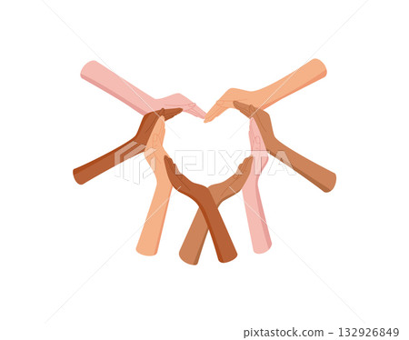 Diverse hands in flat style forming a heart shape sticker. Symbol of community and love highlights solidarity and people together. Representation of multicultural support in abstract colorful art. 132926849