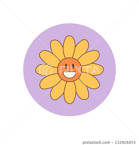 Groovy retro flat style flower sticker in a yellow and orange circle with cute happy smiley face. Fun y2k inspired package seal and lid, perfect for playful label or product design. 132926853