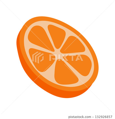 Flat orange fruit eco decor with green circle and nature accent. Holiday gift with kraft detail and box concept, modern graphic element for decorative festive background art. 132926857