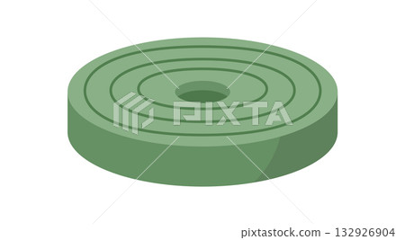 Green barbell weight plate in flat style. Round sport disc designed for gym, fitness, and weightlifting. Essential workout equipment for exercise and bodybuilding. Strong simple symbol, dynamic look, 132926904