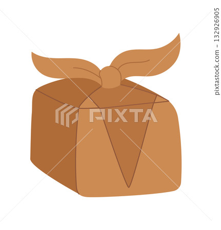 Trendy kraft present box flat style. Wrapped eco gift with cardboard package as modern xmas surprise. Graphic brown container for festive holiday and seasonal party decor. 132926905