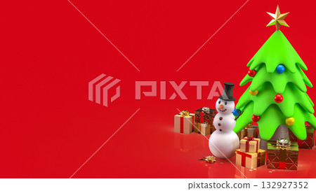 The Snow man and Christmas tree for Holiday or new year concept 3d Rendering. 132927352