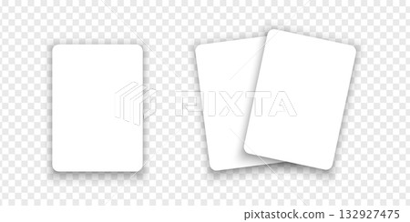 Set of empty white playcards isolated on transparent background. Mockup for blackjack combination in poker game. Paper or plastic play, gift or discount card templates. Vector realistic illustration 132927475