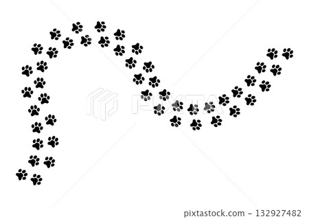 Winding path of wet or mud paw prints of dog or cat. Pet paw prints. Footprints of running or walking wild animals isolated on white background. Vector graphic illustration 132927482