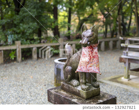 稻荷神社裡被雨水浸透的守護狐狸 稻荷神社裡被雨水浸透的守護狐狸 132927821