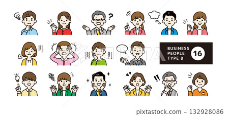Various facial expressions and poses of business people upper body vector icon illustration material set_Color B Various facial expressions and poses of business people upper body vector icon illustration material set_Color B 132928086