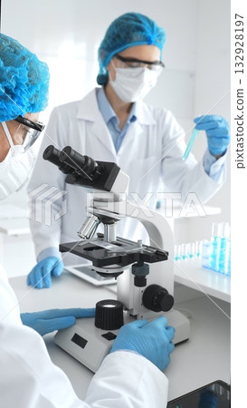 Two scientists, a man and a woman, wearing blue protective hairnets, masks and protective glasses, conduct research under a microscope in a laboratory. Concept of medicine and science 132928197