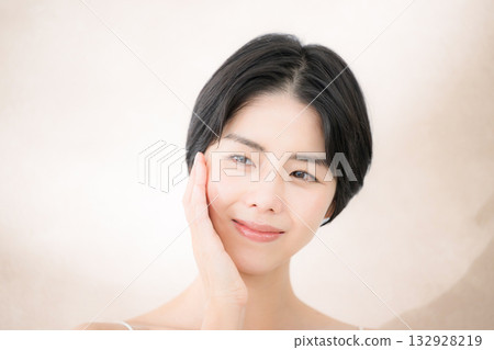 Soft pink beige beauty and esthetics images, camera-focused, body care and skin care 132928219