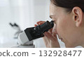 Female scientist peering into microscope, analyzing biological sample with precision in sterile laboratory research environment. Medicine and science concept 132928477