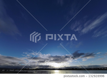 Morning sky and river with various clouds, winter, ultra-wide angle, sky-focused, 240206am Morning sky and river with various clouds, winter, ultra-wide angle, sky-focused, 240206am 132928996