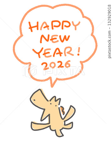 Horse celebrating the New Year HAPPY NEW YEAR 2026 handwritten text speech bubble 132929018