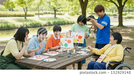 Residents and support staff enjoying creative activities outdoors surrounded by greenery - Daily life at a facility for people with disabilities - Drawing - Creative activities - Art Residents and support staff enjoying creative activities outdoors surrounded by greenery - Daily life at a facility for people with disabilities - Drawing - Creative activities - Art 132929148