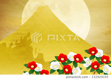 富士山、山茶花、日式圖案、新年卡片背景 132929193