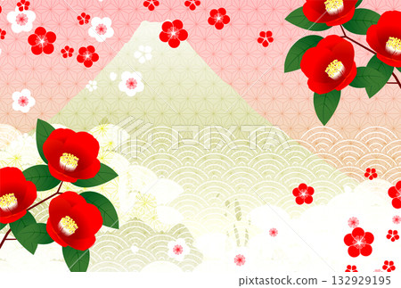 Mt. Fuji, camellia, Japanese pattern, New Year's card background Mt. Fuji, camellia, Japanese pattern, New Year's card background 132929195