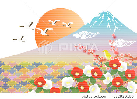 Mt. Fuji, camellia, Japanese pattern, New Year's card background 132929196
