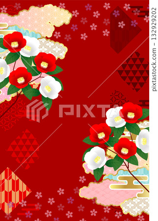 山茶花日式圖案新年賀卡金色背景 132929202