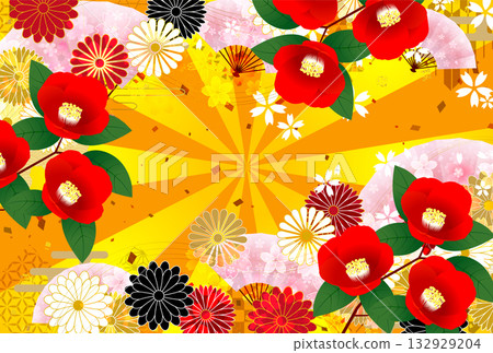 山茶花、日出、櫻花、日式圖案、新年卡片背景 132929204