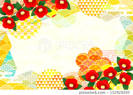 山茶花櫻花日式圖案新年賀卡背景 132929205