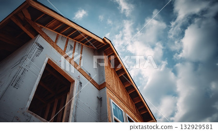 New Home Construction Framing Under Cloudy Sky Exterior View New Home Construction Framing Under Cloudy Sky Exterior View 132929581