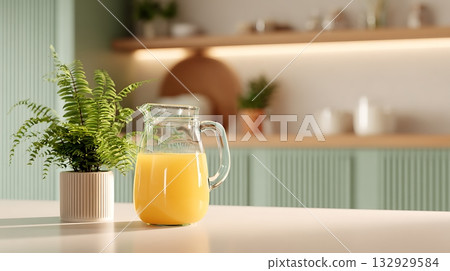Orange Juice in Pitcher with Fern on Modern Kitchen Countertop Orange Juice in Pitcher with Fern on Modern Kitchen Countertop 132929584