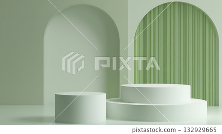 Minimalist Podium Arches, Cylinder Displays, and Sage Green Accents 132929665