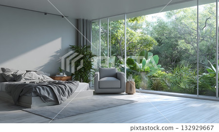 Modern Bedroom with Lush Garden View, Gray Bedding, Chair, and Wooden Side Table 132929667
