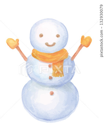 手繪水彩雪人，戴著橘色圍巾和手套 132930079