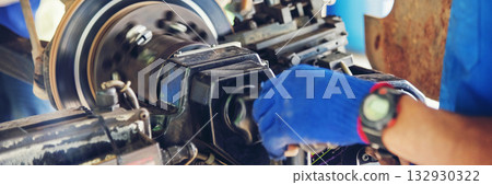 Banner Close up Mechanic man hands repairing car auto repair shop. Banner Man hands fixing machinery check vehicle mechanical motor service. Vehicle Car overhaul maintenance engineer with copy space 132930322