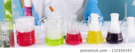 Banner Science chemistry glass tubes object on lab background. Wide Liquid tube biology laboratory chemical fluid scientist object medical glass tubes. Chemistry scientific background with Copy Space 132930343