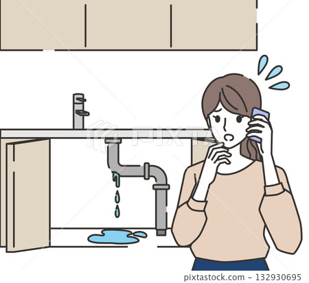 Illustration of a woman calling because of a water leak in the kitchen 132930695