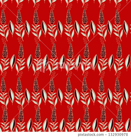 Vibrant seamless pattern featuring stylized flowers and leaves on a bold red background. Ideal for textiles, fashion, wallpaper and surface design. Vibrant seamless pattern featuring stylized flowers and leaves on a bold red background. Ideal for textiles, fashion, wallpaper and surface design. 132930978