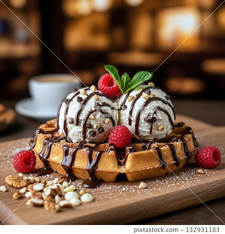 華夫餅配巧克力醬和冰淇淋 132931183