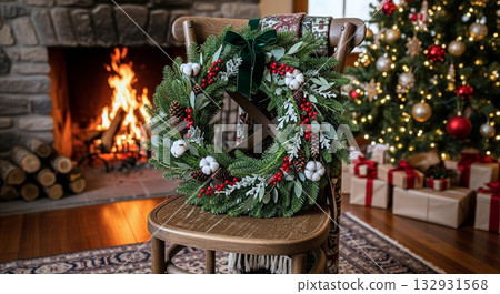 A wreath decorated on an antique chair for Christmas A wreath decorated on an antique chair for Christmas 132931568
