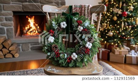 聖誕節時，一把古董椅上裝飾著一個花圈。 132931569