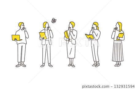 全身插畫集：擔心拿著電腦和文件的女性商務團隊 132931594