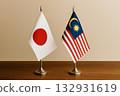 Japanese and Malaysian flags lined up on a desk 132931619