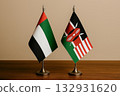 The United Arab Emirates and Kenyan flags are lined up on a desk 132931620