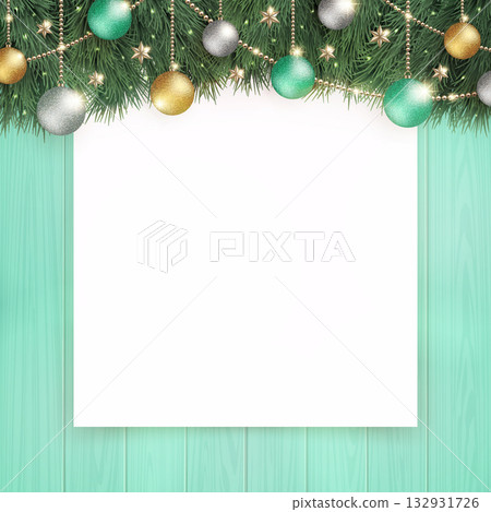 Shining Christmas tree and plain white board on turquoise wood background 132931726