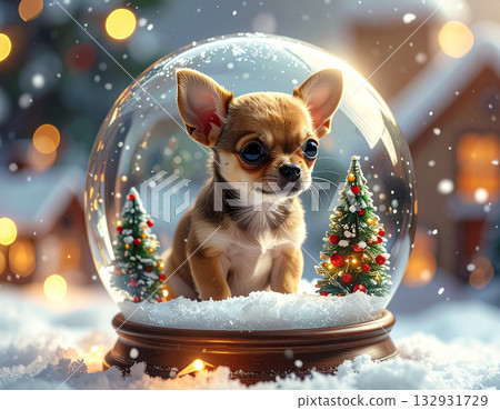 雪球裡的吉娃娃和冬日小鎮 132931729