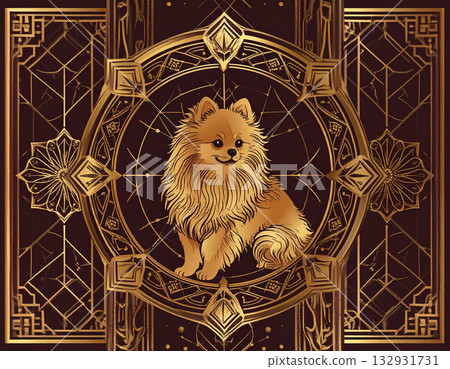 一幅博美犬的藝術畫，周圍環繞著金色裝飾 132931731