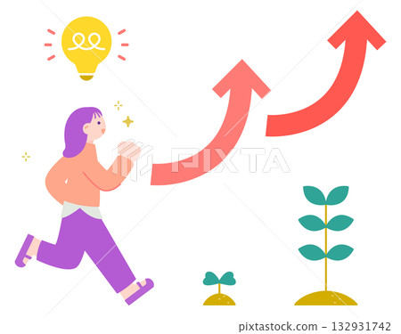 A woman running with an upward arrow - Image of growth, career change, and stepping up to the future 132931742
