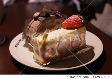 Strawberry cheesecake with a striking contrast of red and cream Strawberry cheesecake with a striking contrast of red and cream 132931805