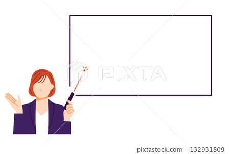 Illustration of a businesswoman pointing at a board with a laser pointer. Flat design 132931809