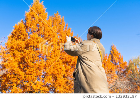 一位女士用智慧型手機拍攝秋葉照片 生活風格影像 一位女士用智慧型手機拍攝秋葉照片 生活風格影像 132932187