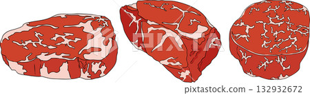 Colorful vector illustrations of various raw meat cuts, with detailed textures 132932672